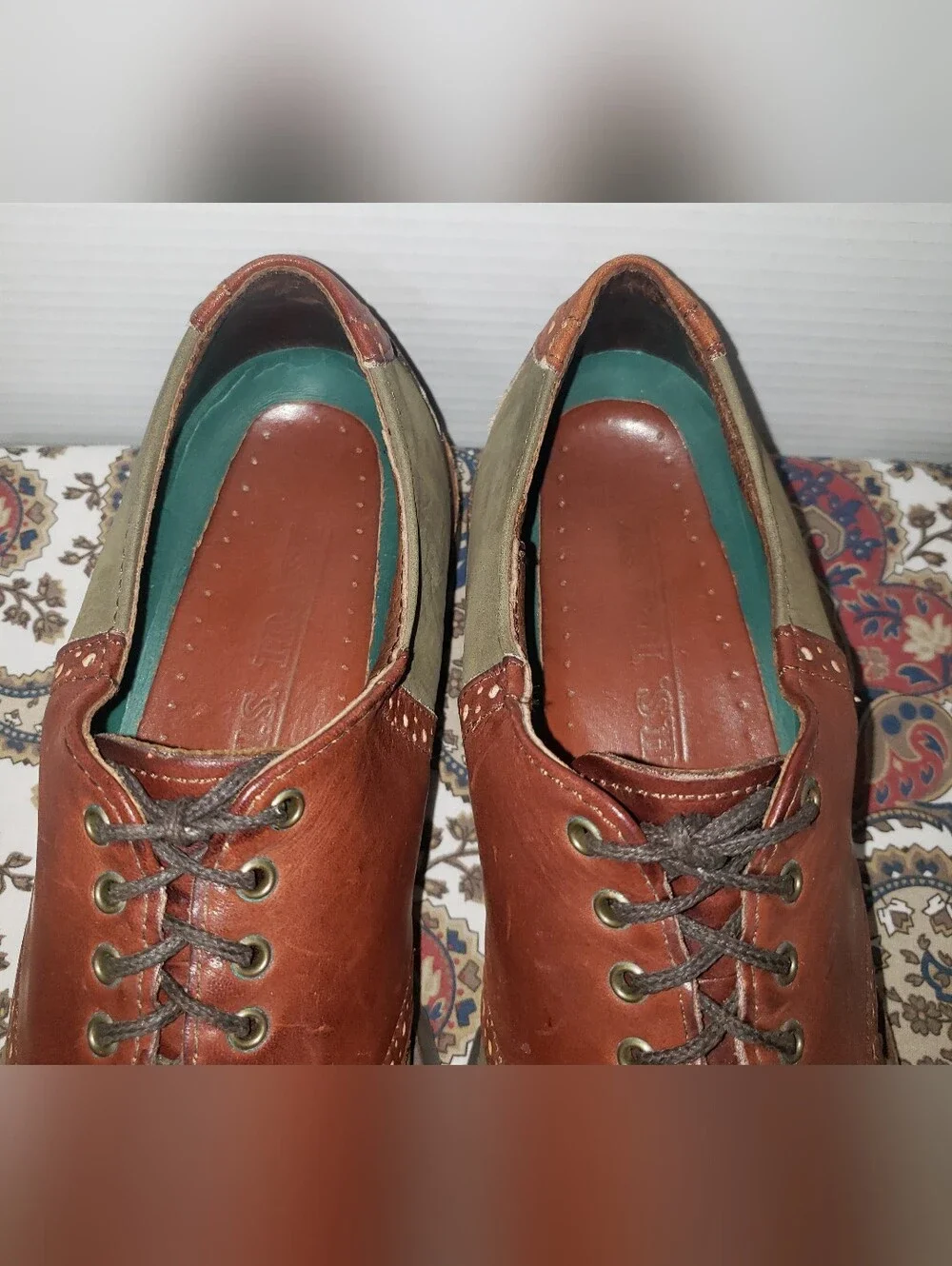 H.S.Trask Mens Loden Green Nubuck Brown Leather Saddle Oxford Shoes 11M